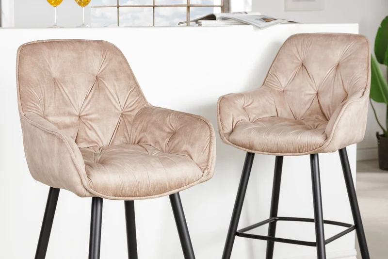 Lot de 2x Tabouret de bar design MILANO champagne beige velours tabouret de bar avec dossier métal noir