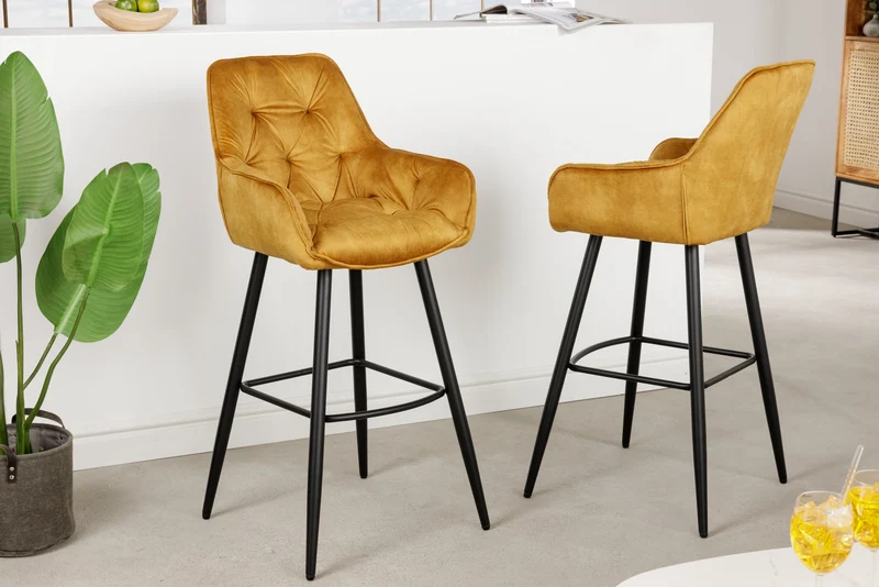 Lot de 2x Tabouret de bar design MILANO jaune moutarde velours avec dossier métal noir