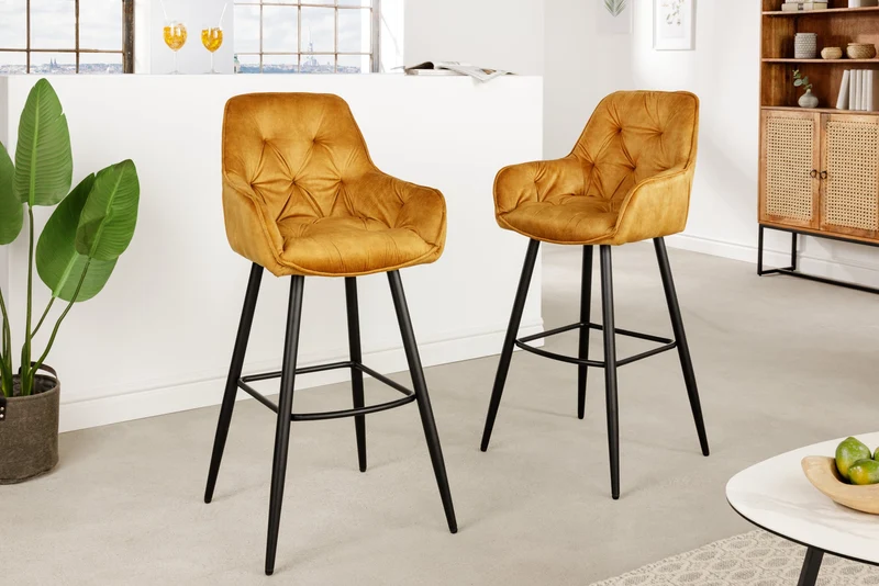 Lot de 2x Tabouret de bar design MILANO jaune moutarde velours avec dossier métal noir