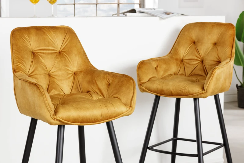 Lot de 2x Tabouret de bar design MILANO jaune moutarde velours avec dossier métal noir