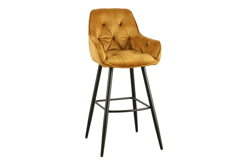 Lot de 2x Tabouret de bar design MILANO jaune moutarde velours avec dossier métal noir