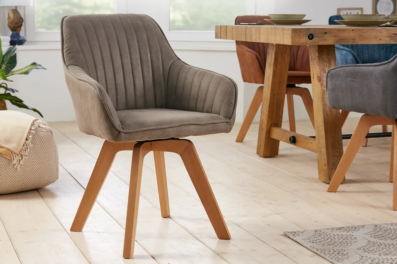 Lot de 2x Chaise design tournante LIVORNO pieds en hêtre taupe vintage avec accoudoirs