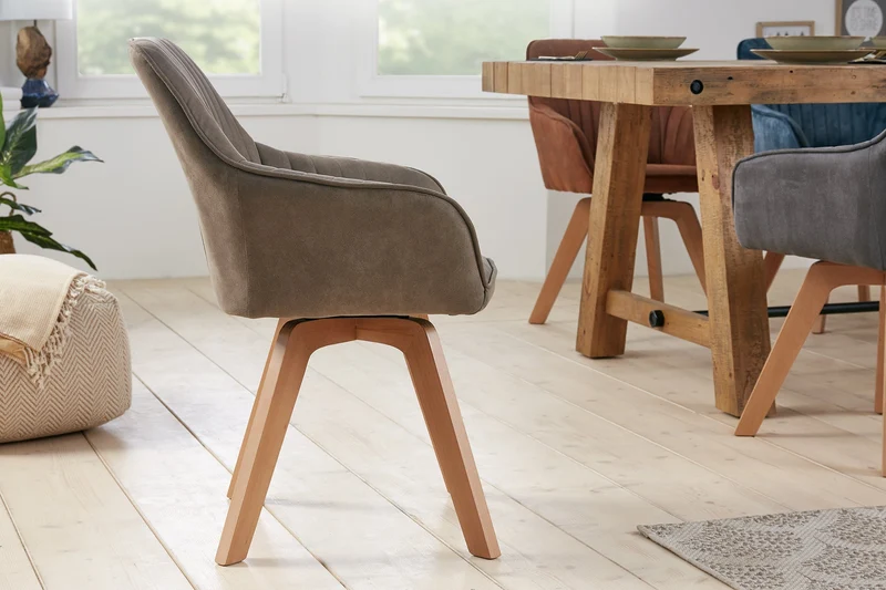 Lot de 2x Chaise design tournante LIVORNO pieds en hêtre taupe vintage avec accoudoirs