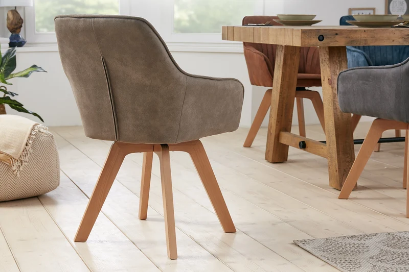 Lot de 2x Chaise design tournante LIVORNO pieds en hêtre taupe vintage avec accoudoirs