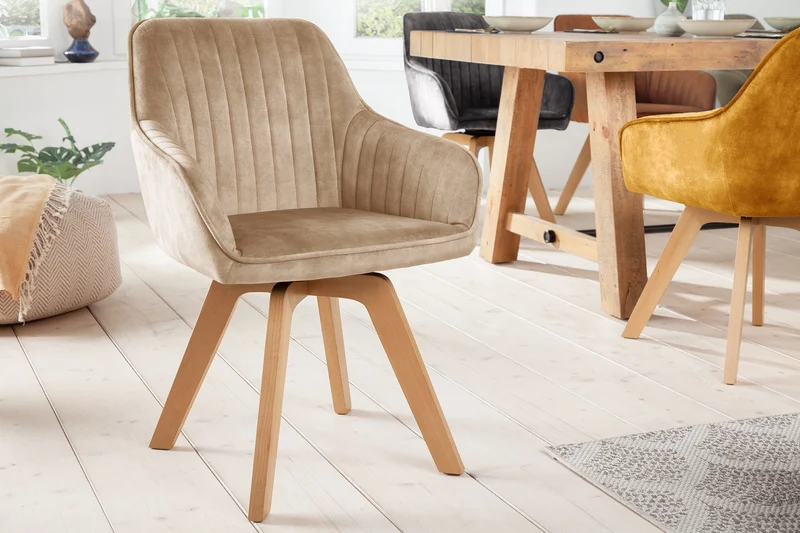 Lot de 2x Chaise pivotante LIVORNO velours grège champagne avec accoudoir recouvert de bois de hêtre