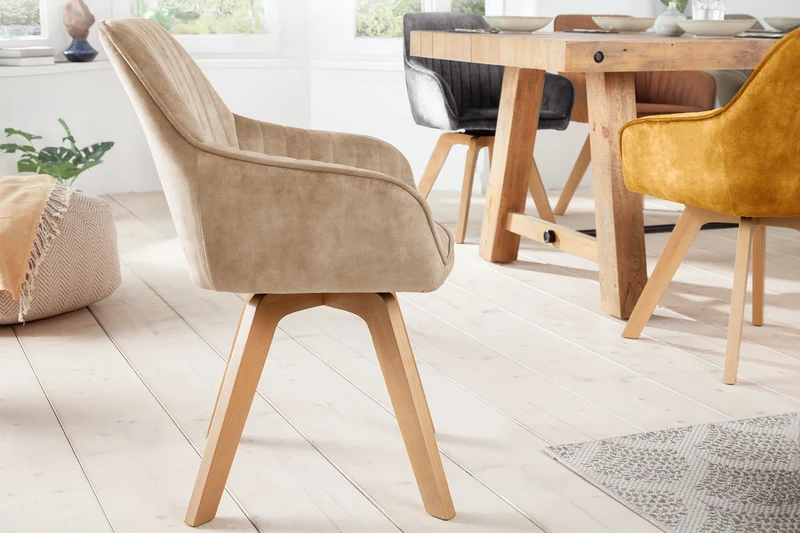Lot de 2x Chaise pivotante LIVORNO velours grège champagne avec accoudoir recouvert de bois de hêtre