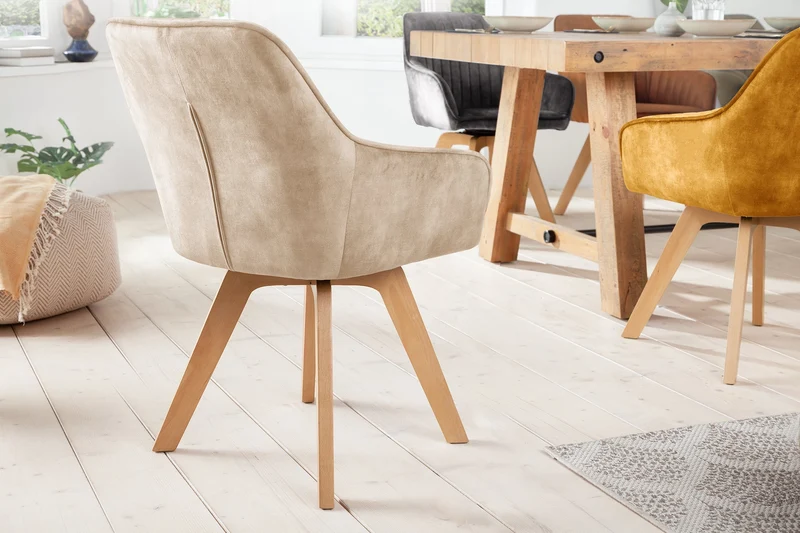Lot de 2x Chaise pivotante LIVORNO velours grège champagne avec accoudoir recouvert de bois de hêtre