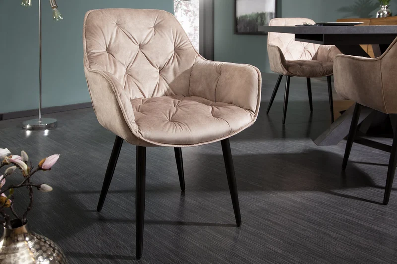Lot de 2x Chaise design MILANO velours beige champagne avec accoudoir tapissée pieds métal noir
