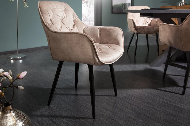 Lot de 2x Chaise design MILANO velours beige champagne avec accoudoir tapissée pieds métal noir