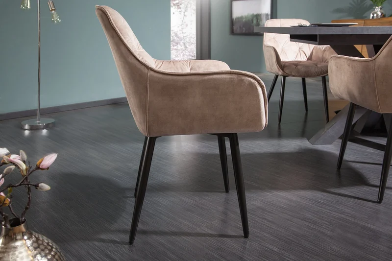 Lot de 2x Chaise design MILANO velours beige champagne avec accoudoir tapissée pieds métal noir