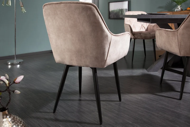 Lot de 2x Chaise design MILANO velours beige champagne avec accoudoir tapissée pieds métal noir