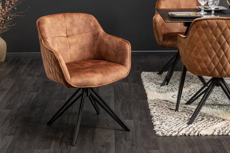 Lot de 2x Chaise design rotative EUPHORIA velours marron rouille avec accoudoir structure métal noir