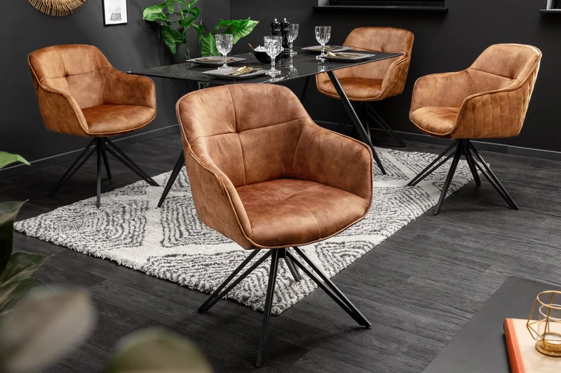Lot de 2x Chaise design rotative EUPHORIA velours marron rouille avec accoudoir structure métal noir