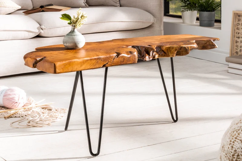 Table basse WILD 100 cm en teck massif avec pieds en épingle à cheveux