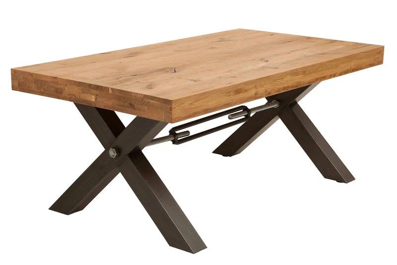 Table basse en bois massif THOR 110cm chêne sauvage huilé structure en X métal anthracite Design industriel
