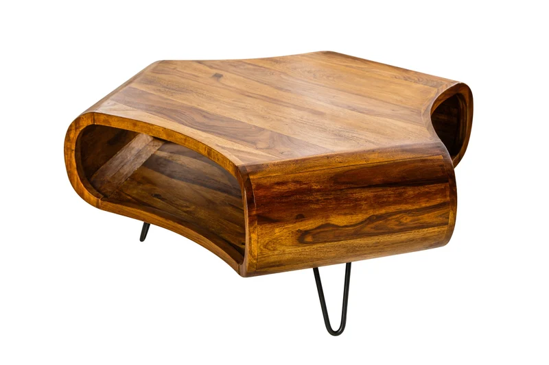 Table basse rétro ORGANIC LIVING 90cm marron bois massif de Sheesham finition pierre espace de rangement