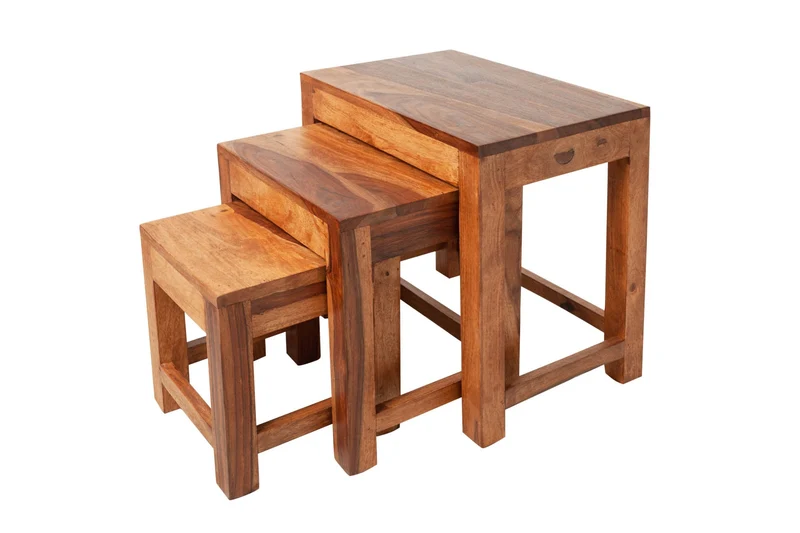 Ensemble de 3 tables d'appoint en bois massif MONSOON 45 cm Table basse en finition pierre de Sheesham marron