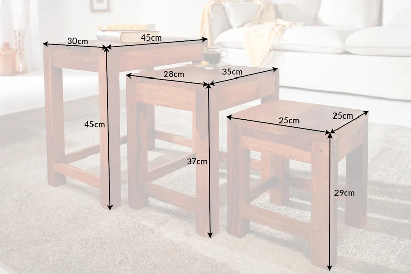 Ensemble de 3 tables d'appoint en bois massif MONSOON 45 cm Table basse en finition pierre de Sheesham marron