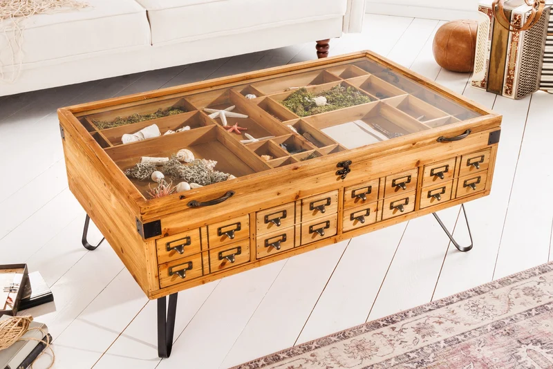 Table basse vintage SEVEN SEAS 100cm pin naturel bois massif pieds épingles à cheveux en verre avec espace de rangement