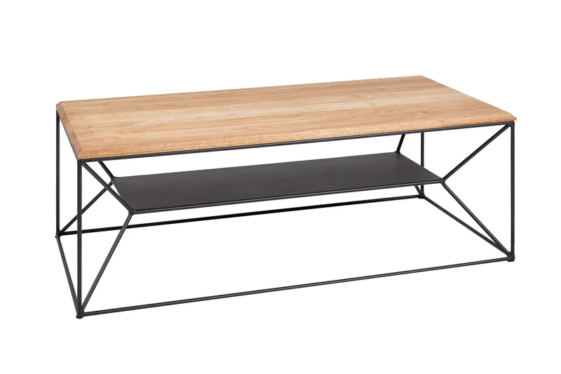 Table basse en bois massif ARCHITECTURE 110cm chêne huilé structure métal noir avec étagère