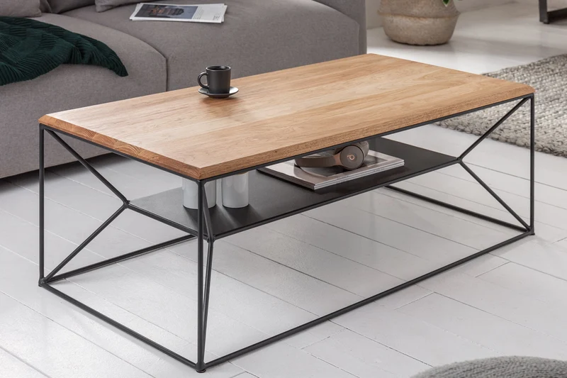 Table basse en bois massif ARCHITECTURE 110cm chêne huilé structure métal noir avec étagère