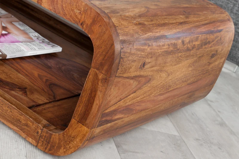 Table basse en bois massif CURVED 100cm finition pierre de Sheesham marron meuble TV bas espace de rangement
