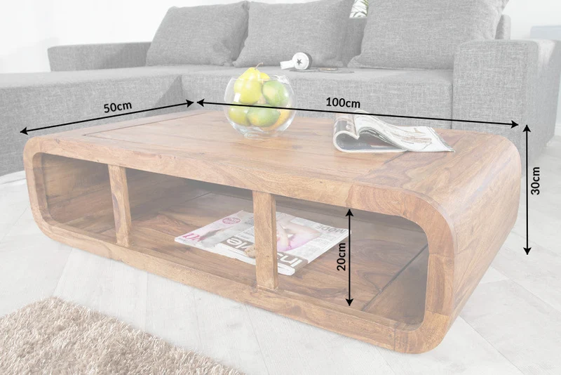 Table basse en bois massif CURVED 100cm finition pierre de Sheesham marron meuble TV bas espace de rangement