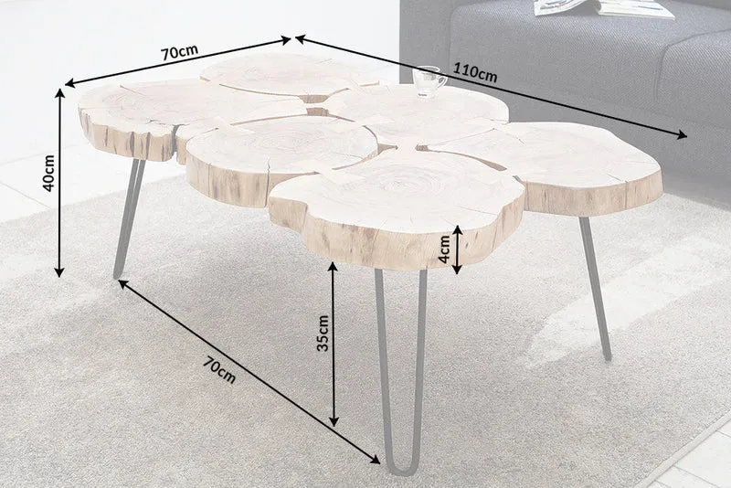 Table basse design GOA 110cm tronc d'acacia tranches 4cm plateau bois massif