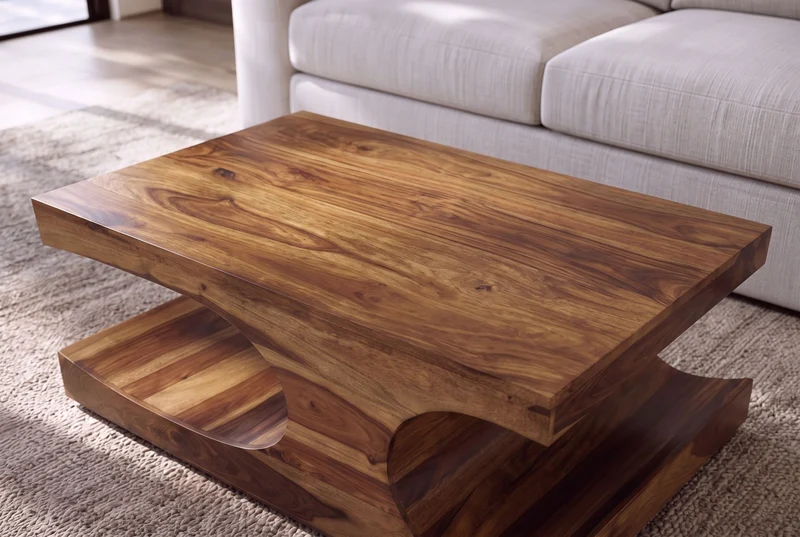 Table basse design CUBUS 120cm en bois massif Sheesham marron finition pierre avec rangements