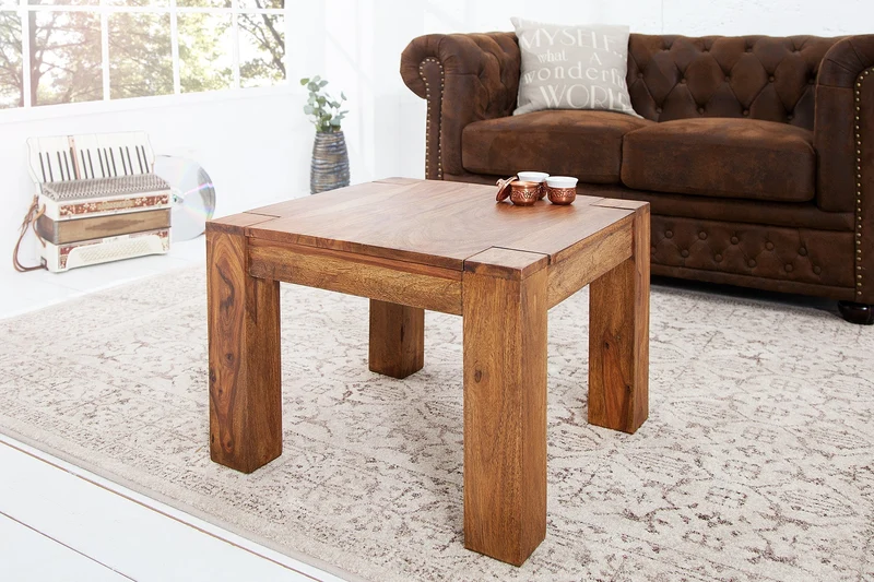 Table basse en bois massif MAKASSAR 60cm marron Sheesham finition pierre grain unique