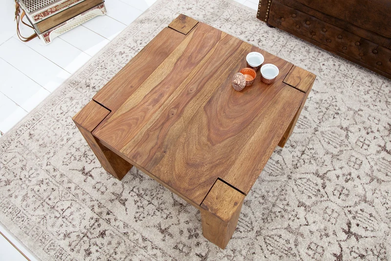 Table basse en bois massif MAKASSAR 60cm marron Sheesham finition pierre grain unique