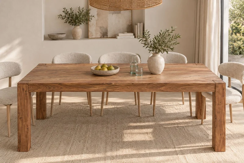 Table à manger en bois massif MAKASSAR 200cm marron Sheesham finition pierre pieds en bois rectangulaire
