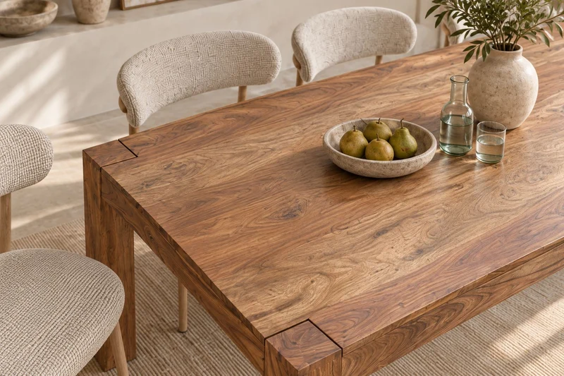 Table à manger en bois massif MAKASSAR 200cm marron Sheesham finition pierre pieds en bois rectangulaire