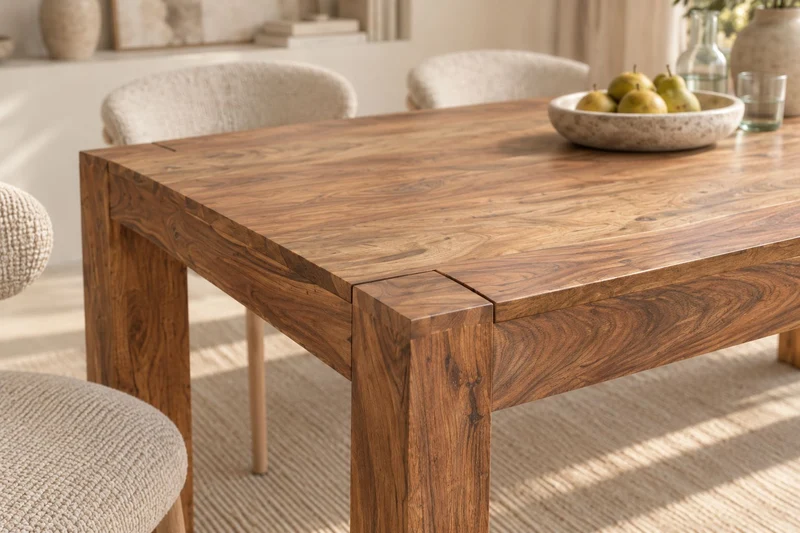 Table à manger en bois massif MAKASSAR 200cm marron Sheesham finition pierre pieds en bois rectangulaire