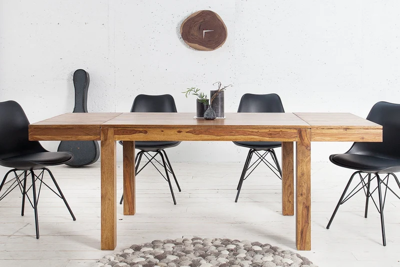 Table à manger en bois massif PURE 120-200cm finition pierre de Sheesham marron avec plaques clipsables