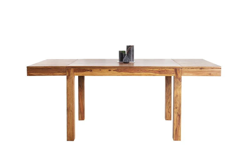 Table à manger en bois massif PURE 120-200cm finition pierre de Sheesham marron avec plaques clipsables