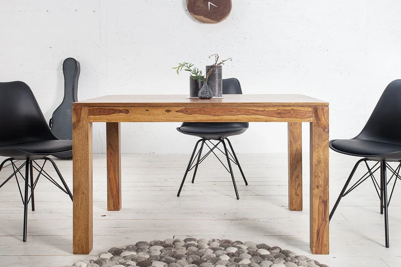 Table à manger en bois massif PURE 120-200cm finition pierre de Sheesham marron avec plaques clipsables