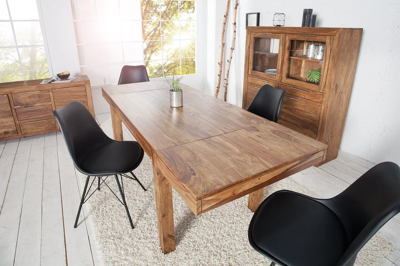 Table à manger en bois massif PURE 120-200cm finition pierre de Sheesham marron avec plaques clipsables