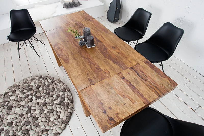 Table à manger en bois massif PURE 120-200cm finition pierre de Sheesham marron avec plaques clipsables