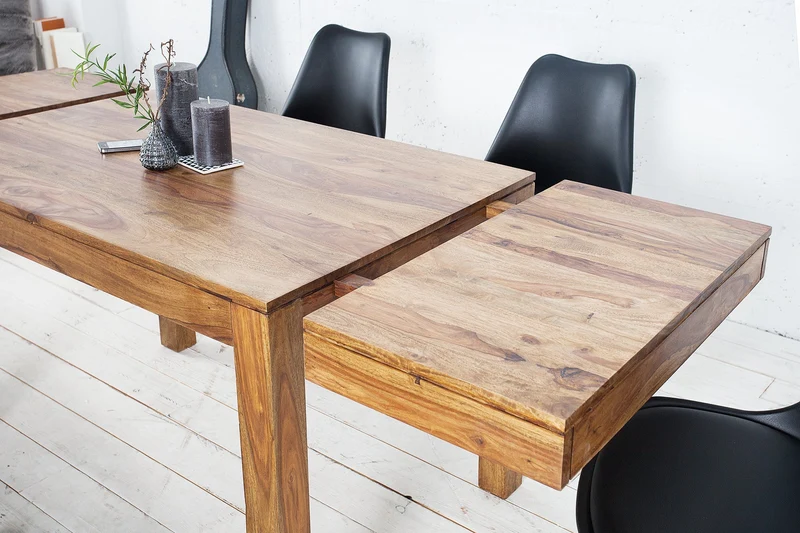 Table à manger en bois massif PURE 120-200cm finition pierre de Sheesham marron avec plaques clipsables