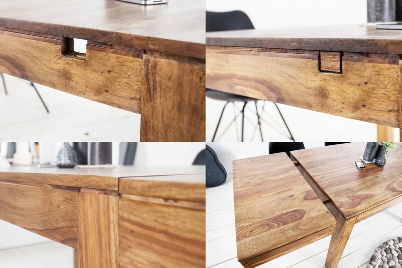 Table à manger en bois massif PURE 120-200cm finition pierre de Sheesham marron avec plaques clipsables