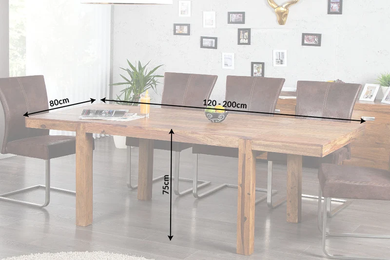 Table à manger en bois massif PURE 120-200cm finition pierre de Sheesham marron avec plaques clipsables