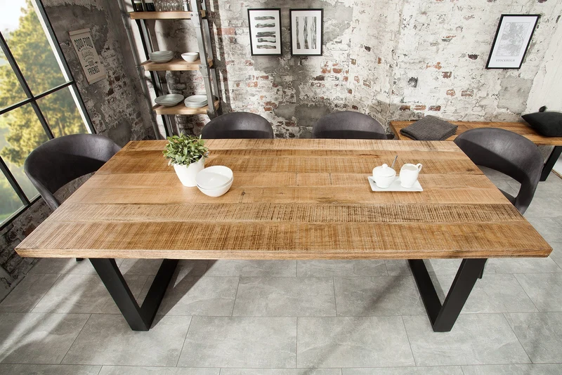 Table à manger solide IRON CRAFT 200 cm en bois de manguier naturel, structure luge en fer, design industriel