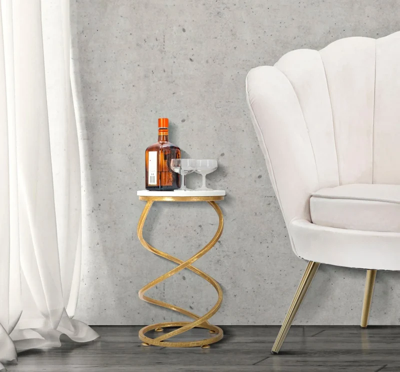 Table d’appoint en spirale en métal doré avec plateau en marbre