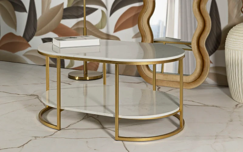 Table basse rectangulaire en marbre artificiel avec cadre doré – Izmir Design
