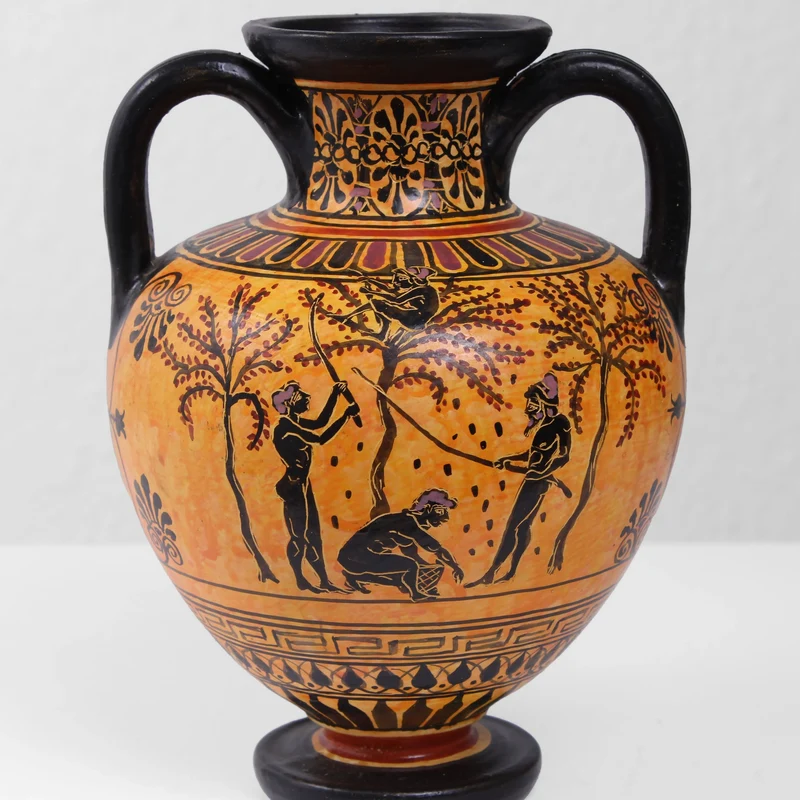 Vase Grec à Figures Noires avec Scène de Récolte des Olives