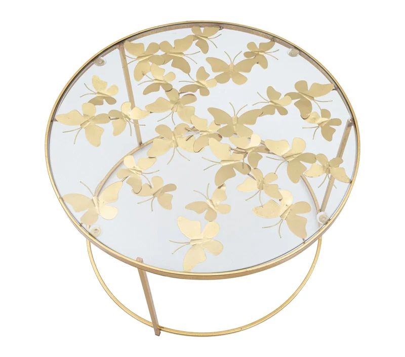 Table basse ronde en métal doré et verre (papillon)