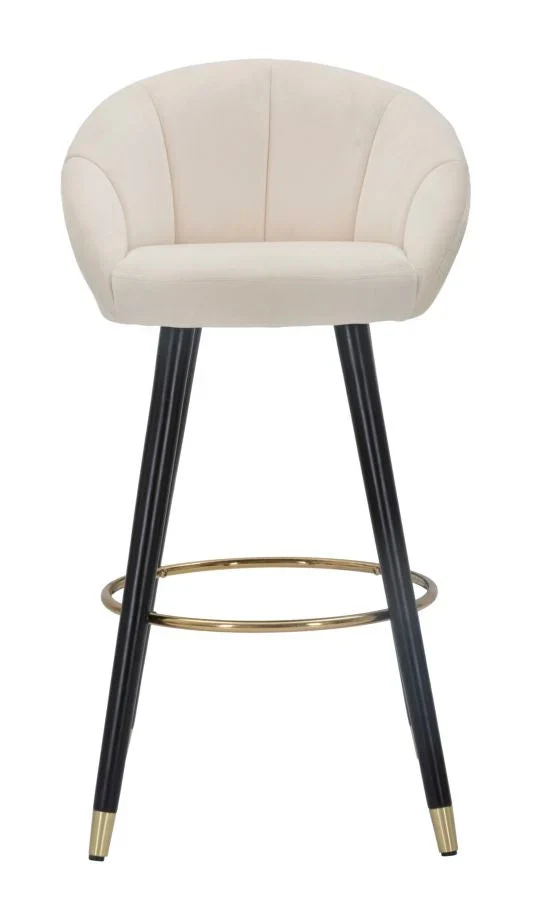 Tabouret de bar en velours crème avec pieds en bois noir et détails dorés