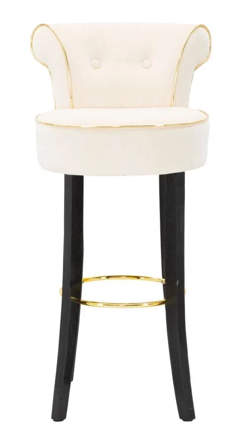 Tabouret de bar en velours crème avec pieds en bois noir et détails dorés