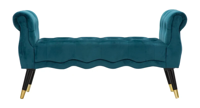 Banc en velours bleu sarcelle avec pieds dorés – Siège rembourré Paris